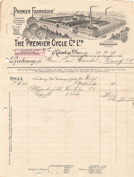 Alte Rechnungen, "The Premier Cycle Co. Ltd., Nürnberg-Doss" 29.08.1907