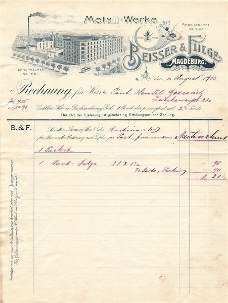 Alte Rechnungen, "Beisser & Fliege, Magdeburg" 15.08.1903
