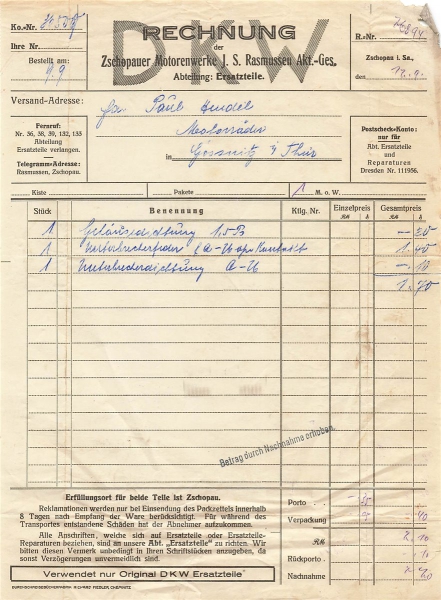 Alte Rechnungen, "Zschopauer Motorenwerke J.S. Rasmussen AG, Zschopau" 12.09.????