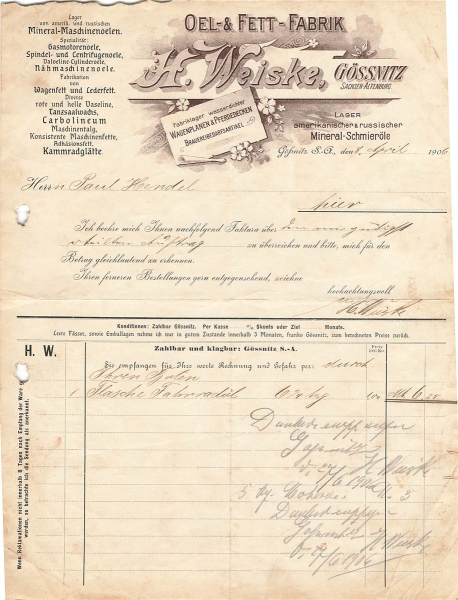 Alte Rechnungen, "H. Weiske, Gössnitz" 08.04.1906