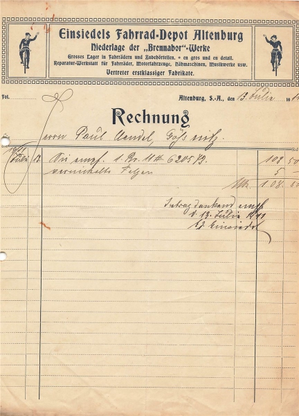 Alte Rechnungen, "Einsiedels Fahrrad-Depot Altenburg, Altenburg" 13.07.1911