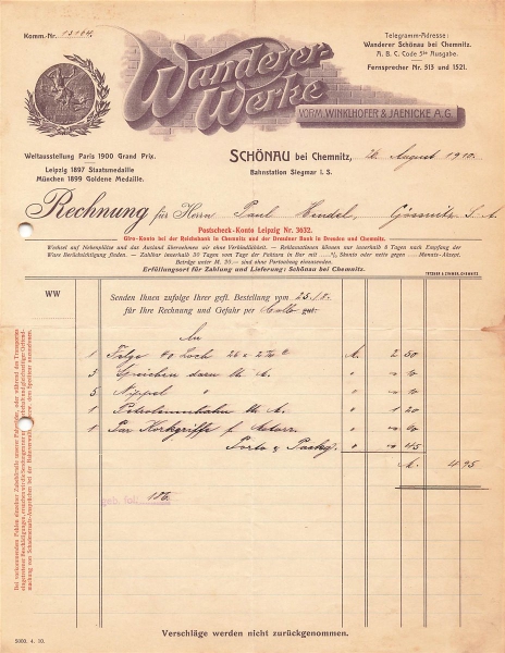 Alte Rechnungen, "Wanderer-Fahrradwerke, Schönau b. Chemnitz" 26.08.1910
