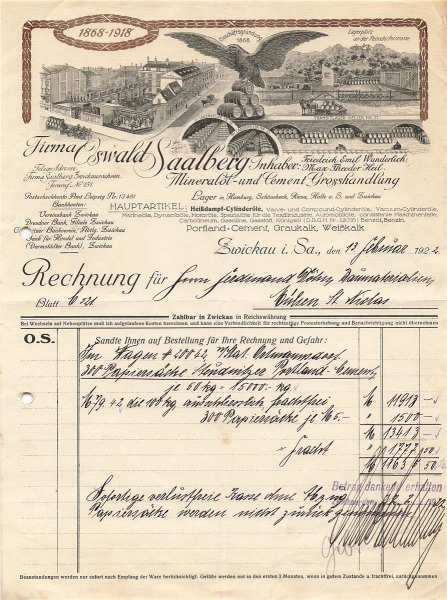 Alte Rechnungen, "Oswald Saalberg, Zwickau i.S." 13.02.1922