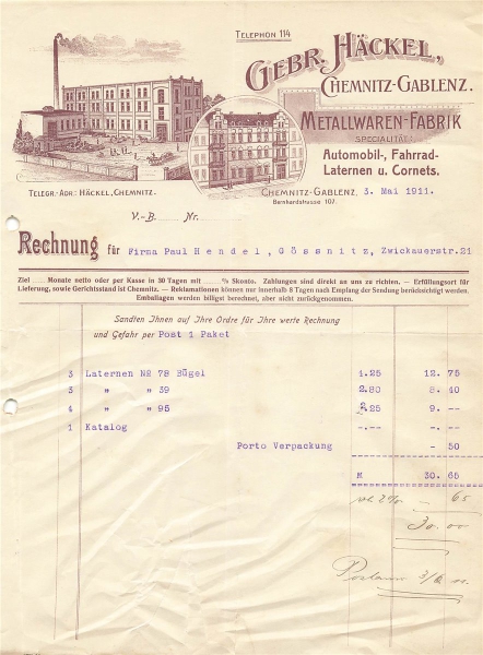 Alte Rechnungen, "Gebr. Häckel, Chemnitz-Gablenz" 03.05.1911