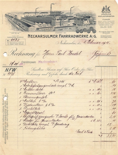 Alte Rechnungen, "Neckasulmer Fahrradwerde A.-G, Neckarsulm" 05.02.1910