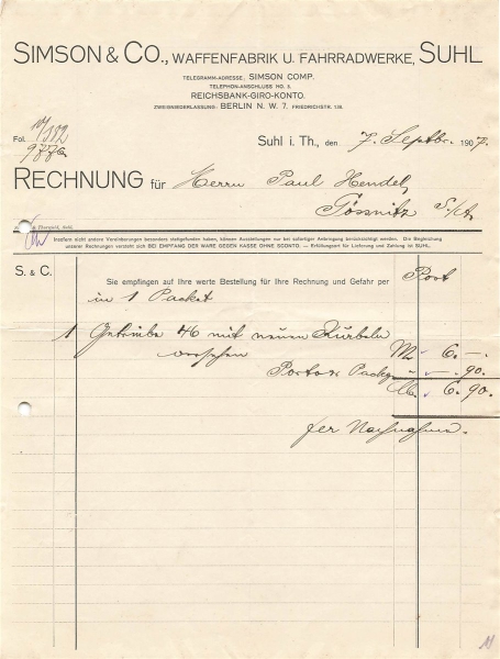 Alte Rechnung,"Simson & Co.,  Suhl i.Th." 07.09.1907