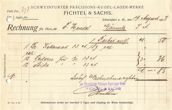 Alte Rechnung, "Fichtel & Sachs, Schweinfurt a.M." 19.08.1907