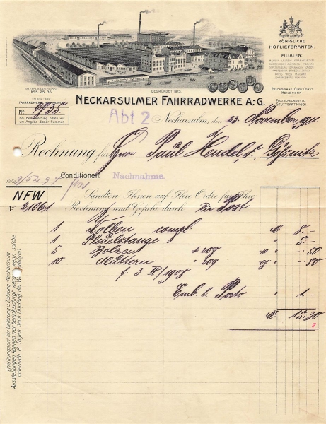 Alte Rechnung,"Neckasulmer Fahrradwerde AG, Neckarsulm" 23.11.1911