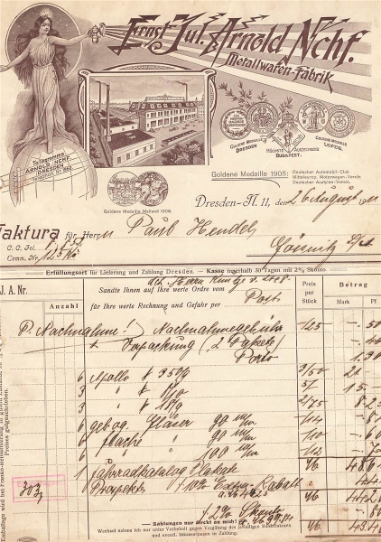 Alte Rechnung,"Ernst Jul. Arnold Nchf., Dresden" 26.08.1911