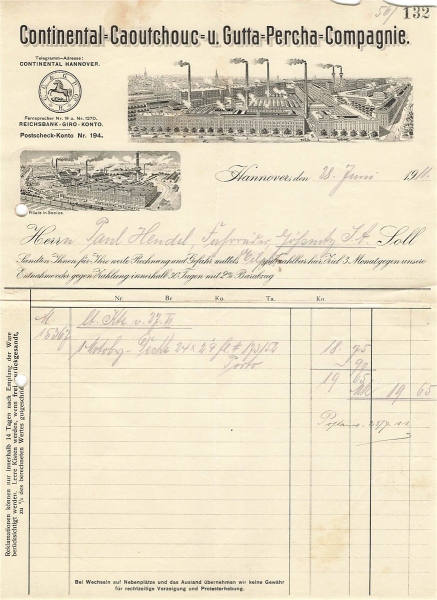 Alte Rechnung,"Continental Caoutchouc u. Gutta Percha Compagnie" 28.06.1911