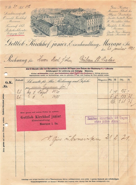 Alte Rechnung,"Gottlob Kirchhof junior, Eisenhandlung, Meerane i.Th" 26.01.1921