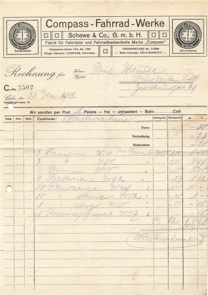 Alte Rechnung,"Compass-Fahrad-Werke Schwere & Co. GmbH" 31.01.1912