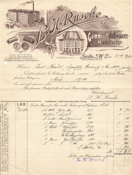 Alte Rechnung,"L.H. Rusche, Gummi u. Metallwaren, Berlin" 31.03.1904