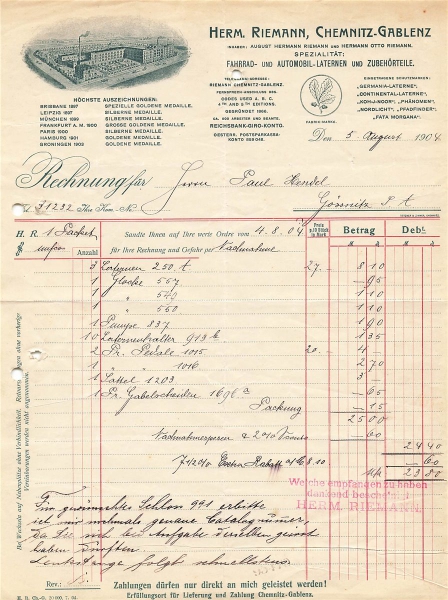Alte Rechnung,"Herrm. Riemann", Chemnitz-Gablenz" 05.08.1904