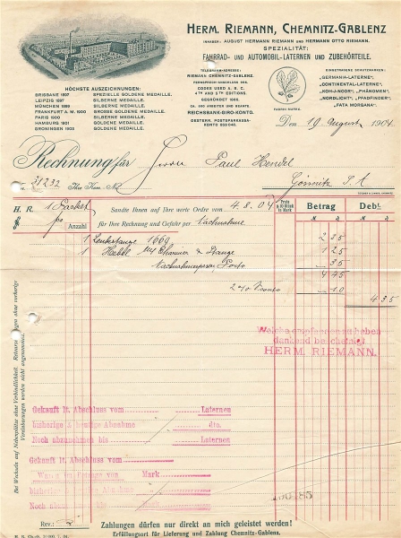 Alte Rechnung,"Herrm. Riemann", Chemnitz-Gablenz" 19.08.1904