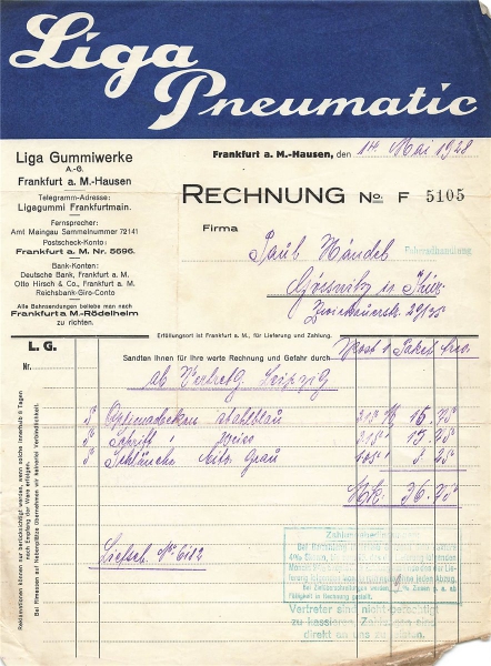 Alte Rechnung,"Liga Pneumatic Gummiwerge AG" 14.05.1928