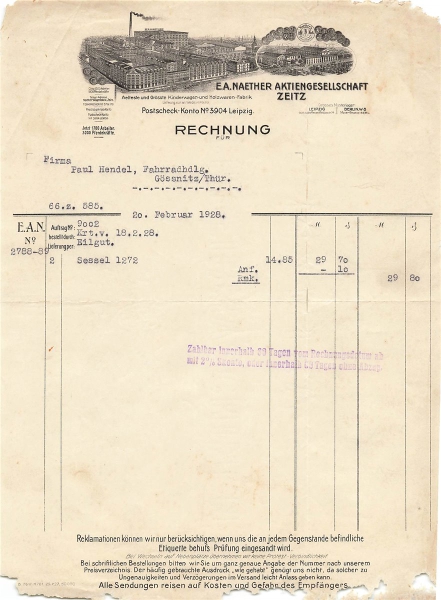 Alte Rechnung,"E.A. Naether Aktiengesellschaft Zeitz" 18.02.1928