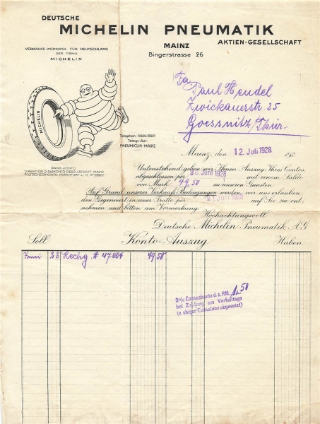 Alte Rechnung,"Michelin Pneumatik, Mainz" 12.07.1928