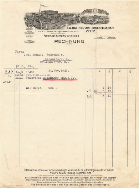 Alte Rechnung,"E.A. Naether Aktiengesellschaft Zeitz" 24.11.1928