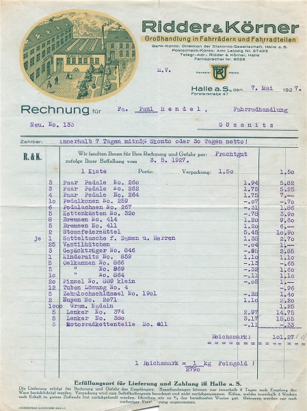 Alte Rechnung,"Ridder & Körner, Halle a.S." 07.05.1927