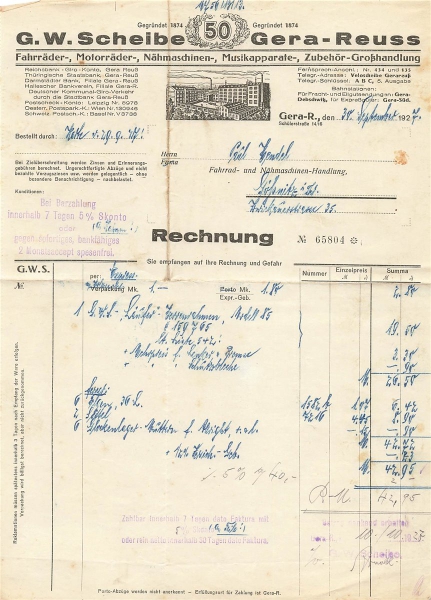 Alte Rechnung,"G.W. Scheibe, Gera-Reuss" 30.09.1927