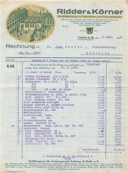 Alte Rechnung,"Ridder & Körner, Halle a.S." 02.03.1927