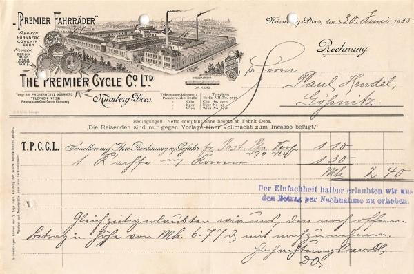 Alte Rechnung,"The Premier Cycle Co. Ltd., Nürnberg-Doss" 30.06.1905