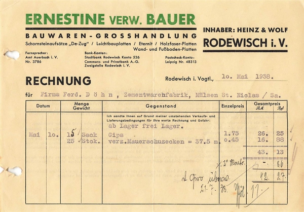 Alte Rechnung,"Ernestine verw. Bauer, Rodewisch i.V." 10.05.1938