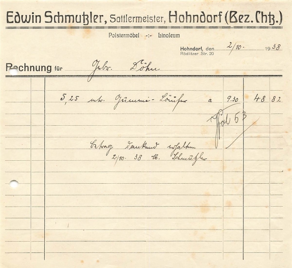 Alte Rechnung,"Edwin Schmutzler, Hohndorf b. Chem." 02.10.1938