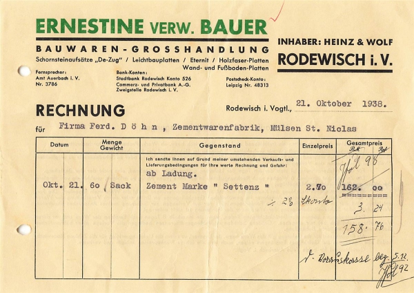 Alte Rechnung,"Ernestine verw. Bauer, Rodewisch i.V." 21.10.1938
