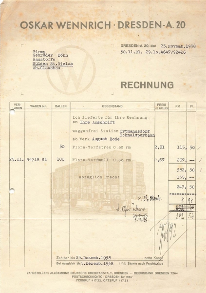 Alte Rechnung,"Oskar Wennrich, Dresden" 25.11.1938