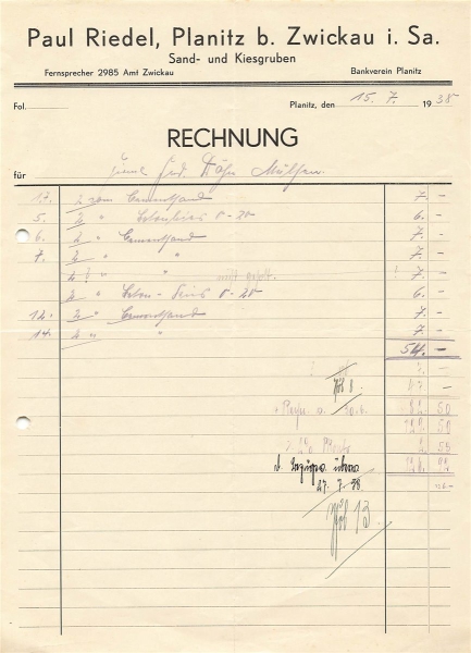 Alte Rechnung,"Paul Riedel, Planitz b. Zwickau i.Sa." 15.07.1938