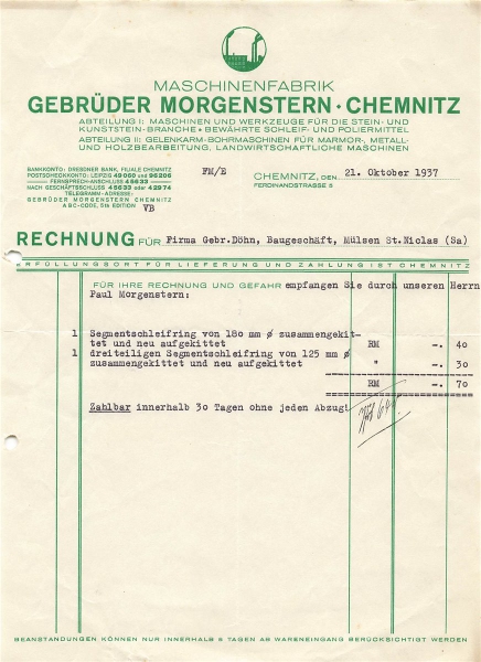Alte Rechnung,"Gebrüder Morgenstern, Chemnitz" 21.10.1937