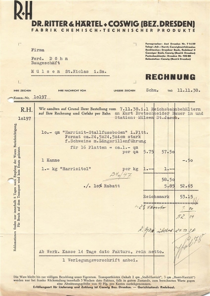 Alte Rechnung,"Dr. Ritter & Härtel, Coswig" 11.11.1938