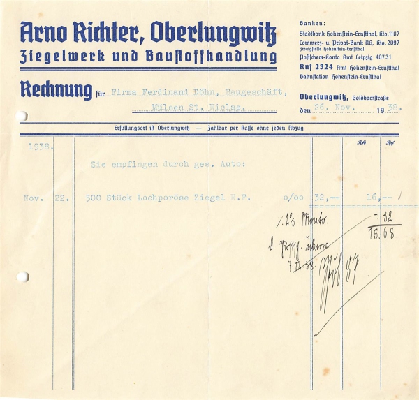 Alte Rechnung,"Arno Richter, Oberlungwitz" 26.11.1938