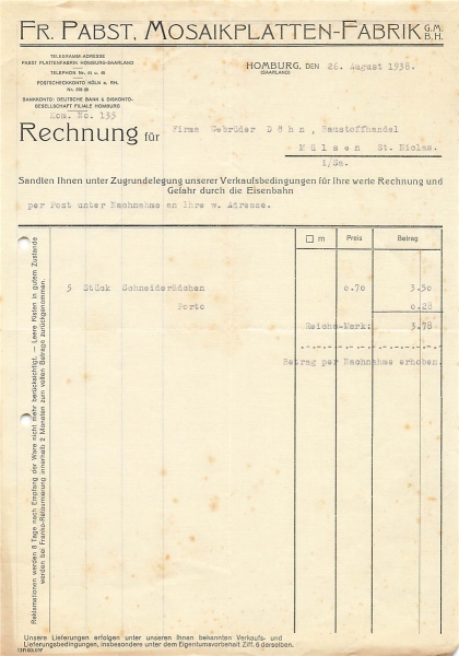 Alte Rechnung,"Fr. Pabst Mosaikplatten-Fabrik, Homburg" 26.08.1938