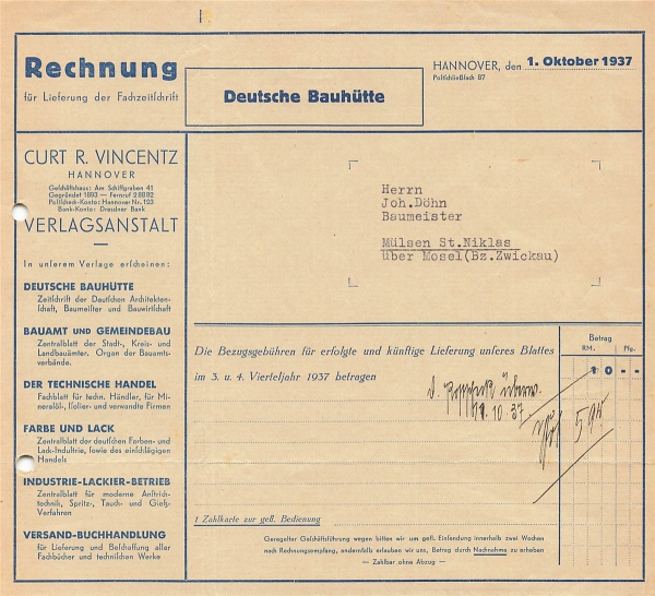 Alte Rechnung,"Deutsche Bauhütte, Hannover" 01.10.1937