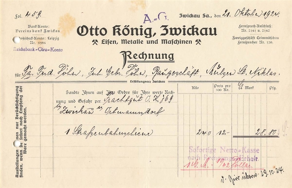 Alte Rechnung,"Otto König, Zwickau" 21.10.1924