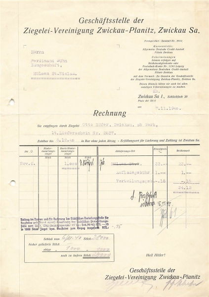 Alte Rechnung,"Ziegelei-Vereinigung, Zwickau-Planitz" 07.11.1940