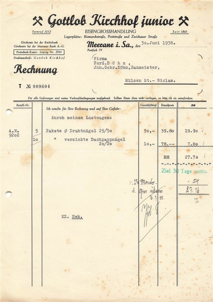 Alte Rechnung,"Gottlob Kirchhof junior, Merrane" 30.06.1938