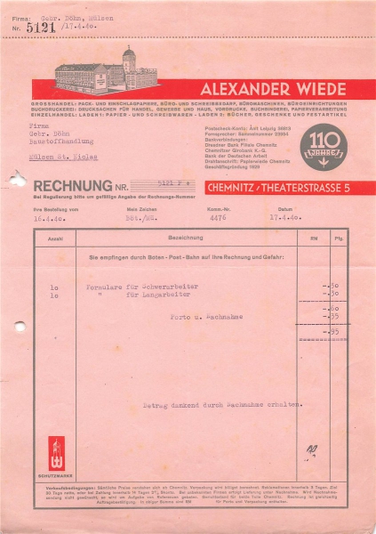 Alte Rechnung,"Alexander Wiede, Chemnitz" 17.04.1940