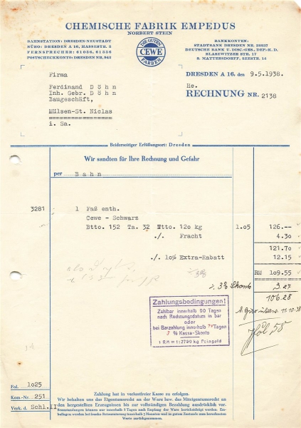 Alte Rechnung,"Chemische Fabrik Empedus, Dresden" 09.05.1938