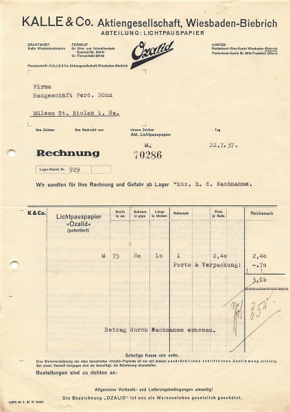 Alte Rechnung,"Kalle & Co. Aktiengesellschaft, Wiesbaben-Biebrich" 22.07.1937