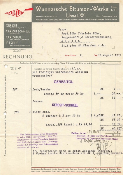 Alte Rechnung,"Wunnersche Bitumen-Werke, Unna i.W." 13.08.1937