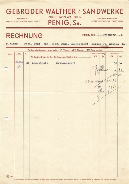 Alte Rechnung,"Gebrüder Walther / Sandwerke, Penig i.Sa." 07.11.1937