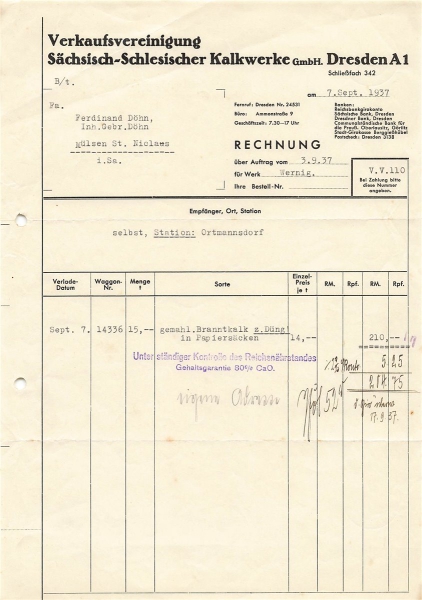 Alte Rechnung,"Verkaufsvereinigung Sächsisch-Schlesischer Kalkwerke GmbH" 07.09.1937