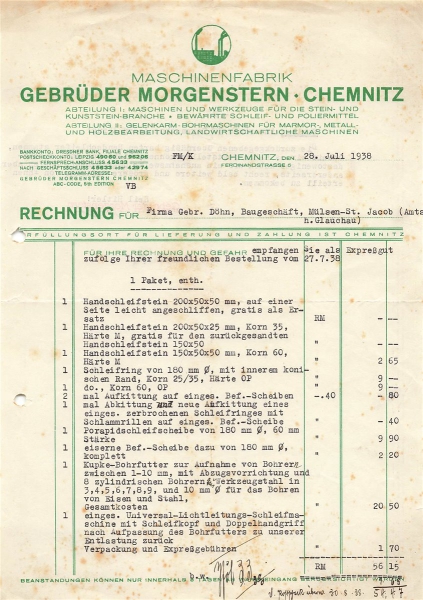 Alte Rechnung,"Gebrüder Morgenstern, Chemnitz" 28.07.1938