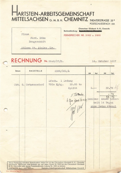 Alte Rechnung,"Hartenstein-Arbeitsgemeinschaft Mittelsachsen GmbH, Chemnitz" 14.10.1937