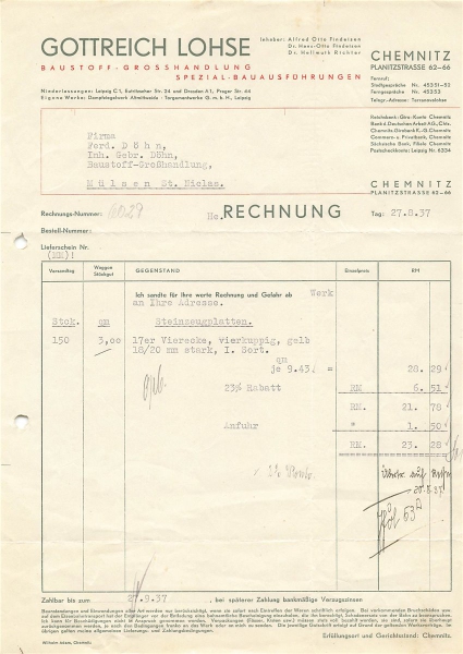 Alte Rechnung,"Gottreich Lohse, Chemnitz" 27.08.1937