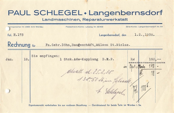 Alte Rechnung,"Paul Schlegel, Langenbernsdorf" 01.02.1938